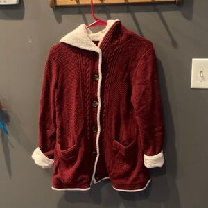 LL bean medium petite red and cream cableknit hooded sweater great condition